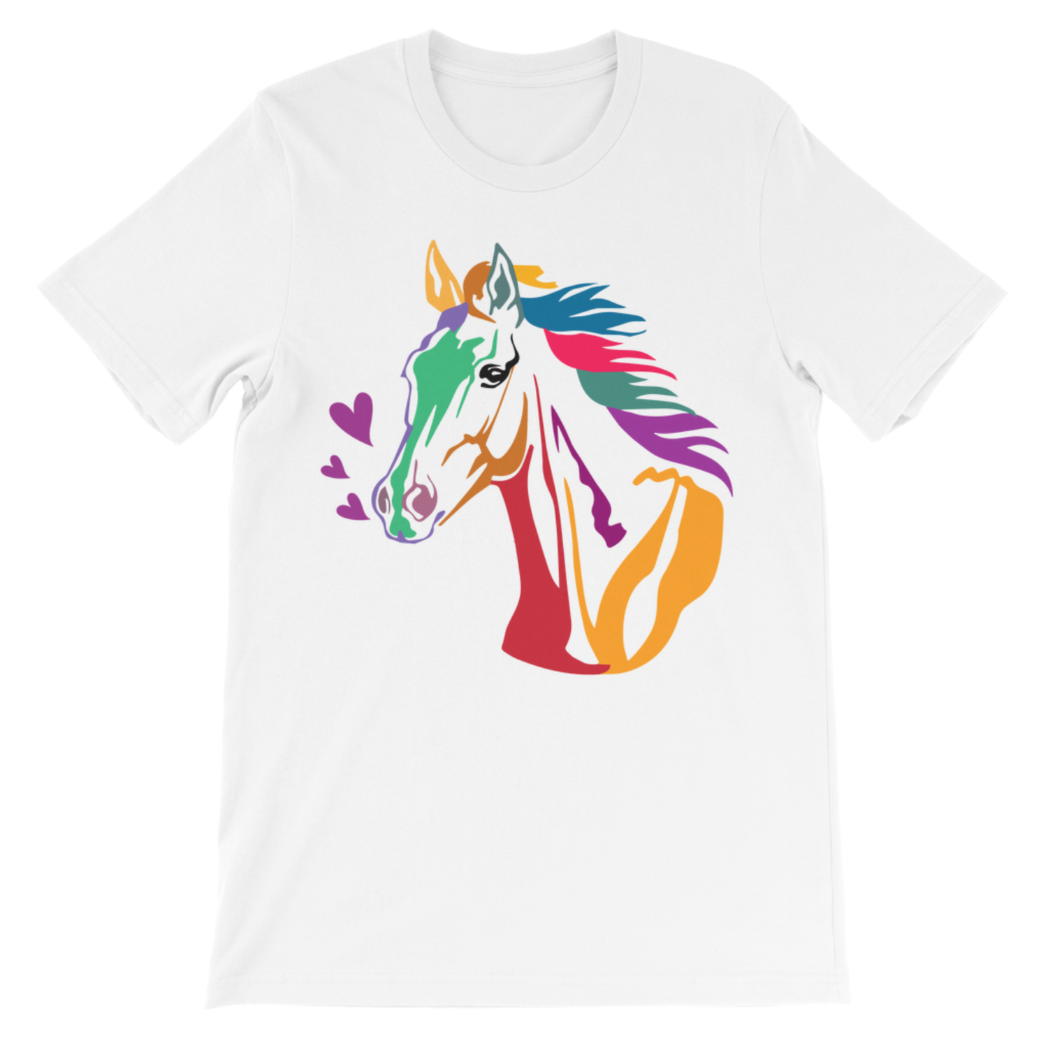 White kids t-shirt featuring a colourful rainbow horse head graphic with heart details