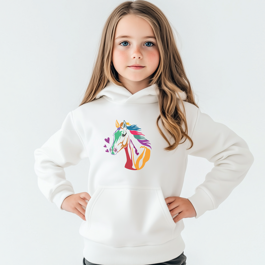 Colourful Horse and Hearts - Girls Pullover Hoodie | 3 - 13 years