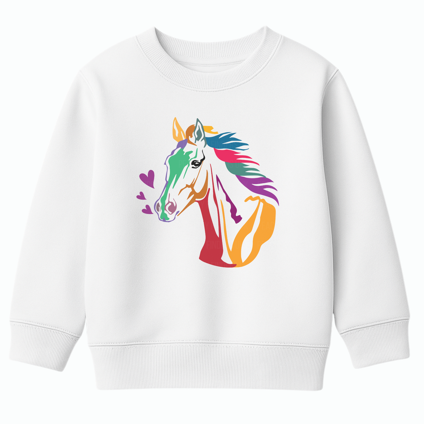  Children’s white sweatshirt with vibrant rainbow horse illustration and small heart details shown in a clean flat lay presentation.
