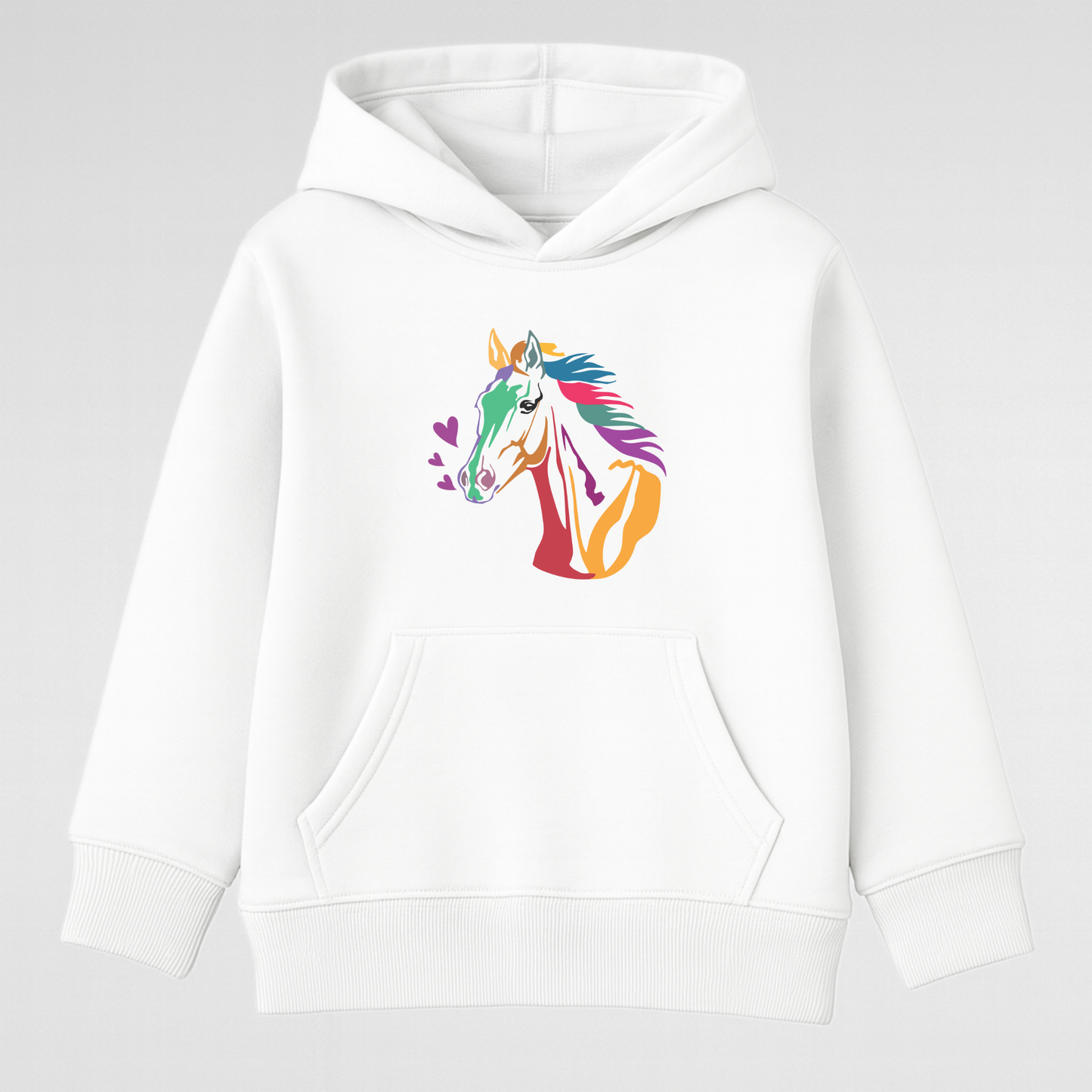 White hoodie with a colorful horse design on a gray background