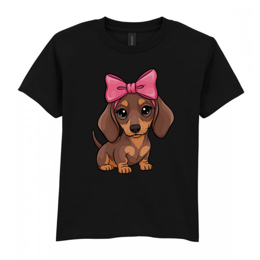 Girls Dachshund Puppy T-Shirt with Pink Bow - Coquette Style (3-13 Years)