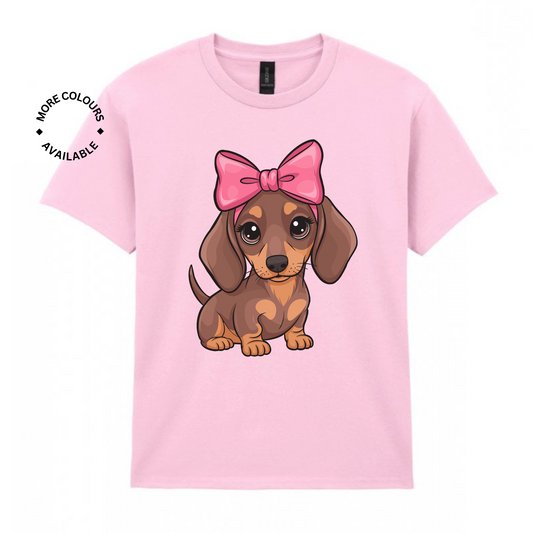 Girls Cute Dachshund Coquette Big Bow T-shirt
