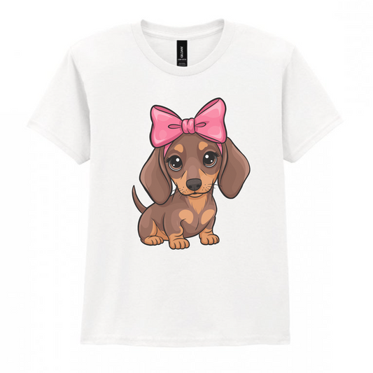 Girls Dachshund Puppy T-Shirt with Pink Bow – Coquette Style (3–13 Years)