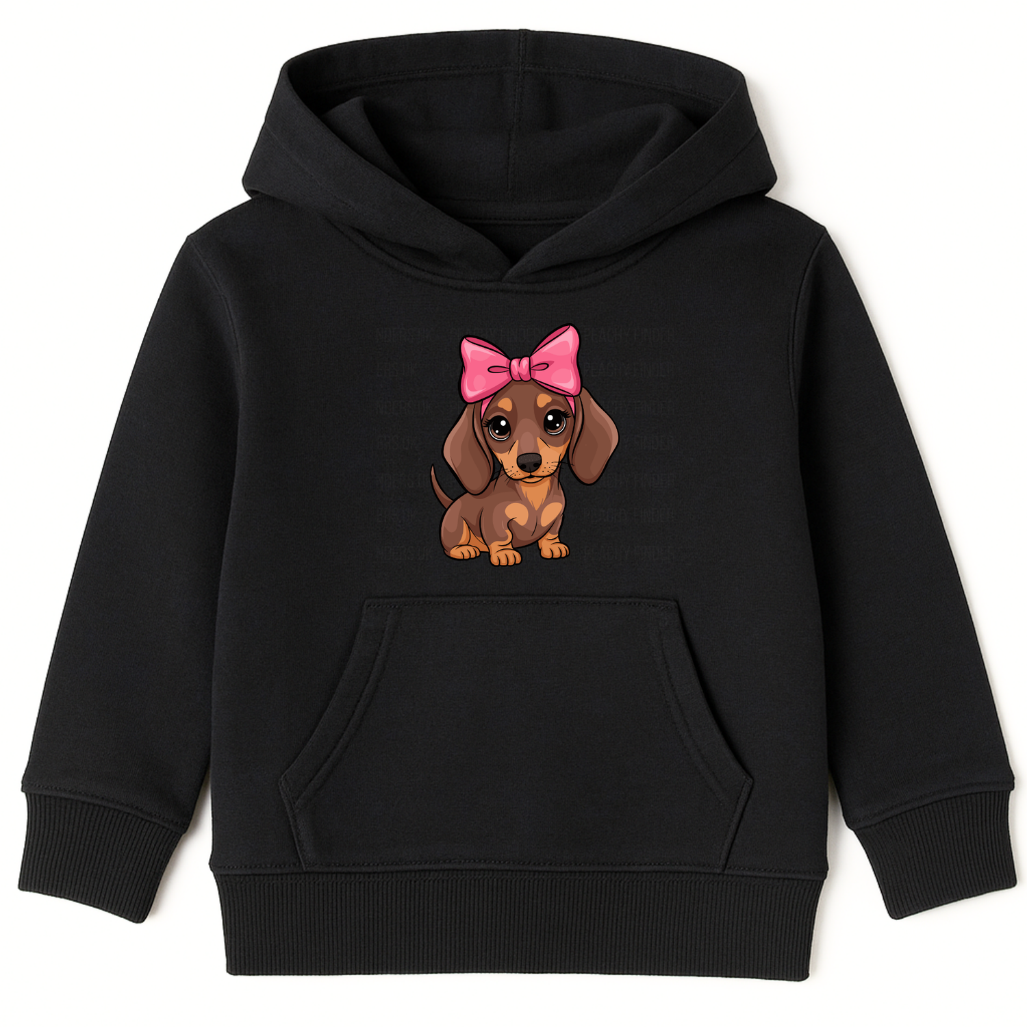 Girls black pullover hoodie with a cartoon dachshund puppy wearing a large pink bow.