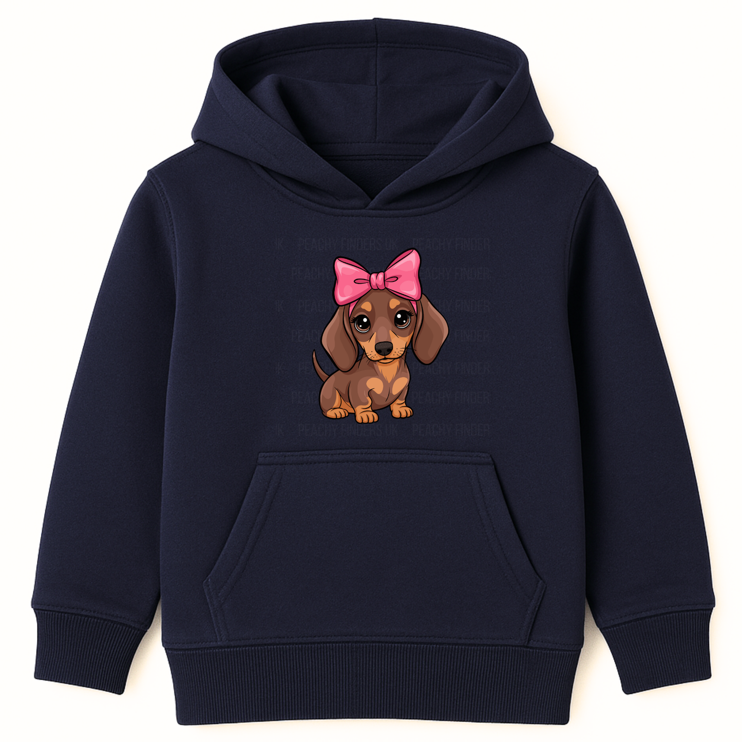 Girls navy pullover hoodie with a cartoon dachshund puppy wearing a large pink bow.