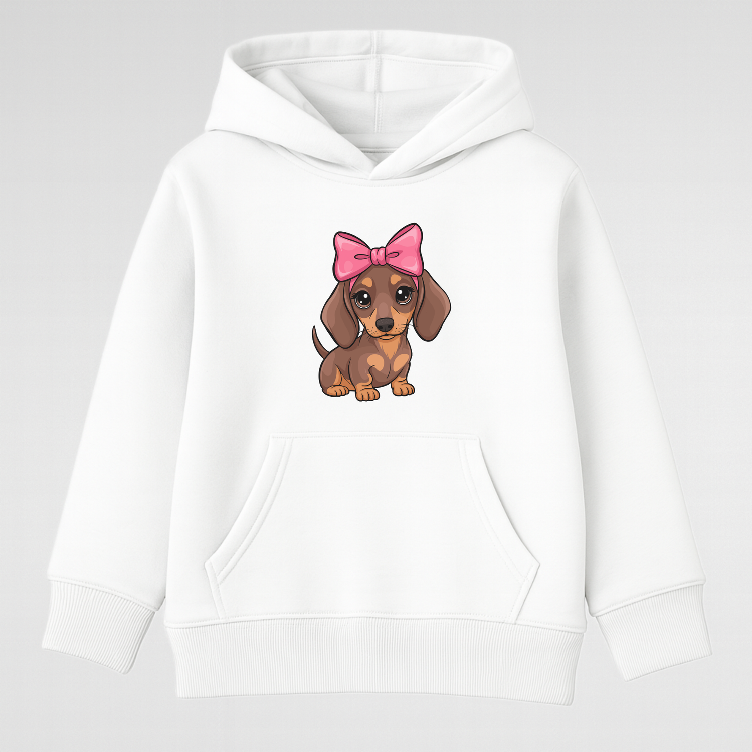 Girls white pullover hoodie with a cartoon dachshund puppy wearing a large pink bow.