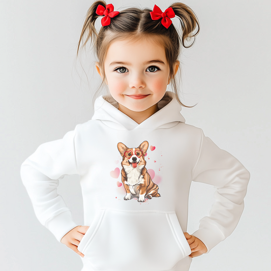 A happy little girl with brown hair in pigtails and red bows wears a white hoodie. The hoodie has a cute cartoon corgi dog with red heart glasses and red and pink hearts printed on it.