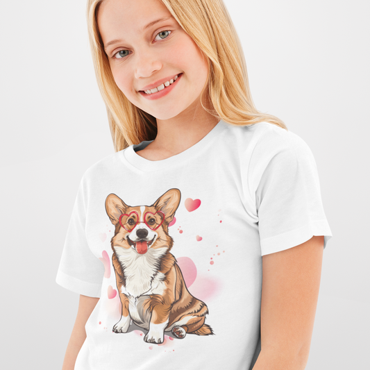 A smiling young person with long blonde hair wears a white t-shirt featuring a cartoon corgi dog with heart-shaped glasses. Pink and red hearts float around the dog on the shirt.