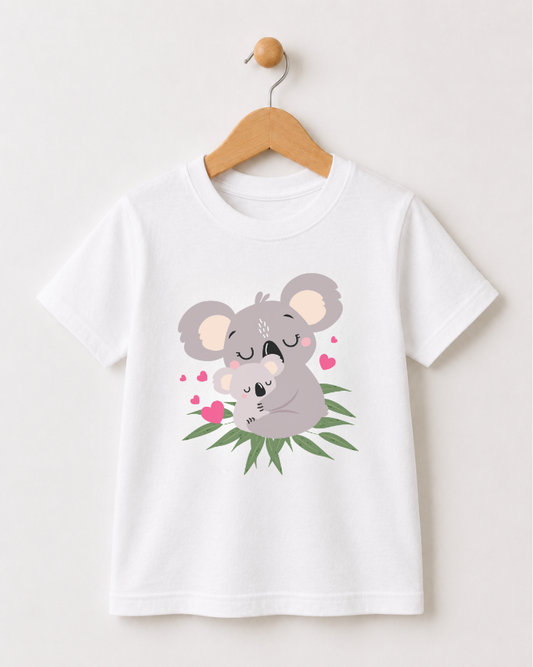 A white short-sleeve kids t-shirt hanging on a wooden hanger against a light beige wall. The front of the shirt features a cute cartoon graphic of a grey koala hugging a small white koala, surrounded by green leaves and pink hearts.