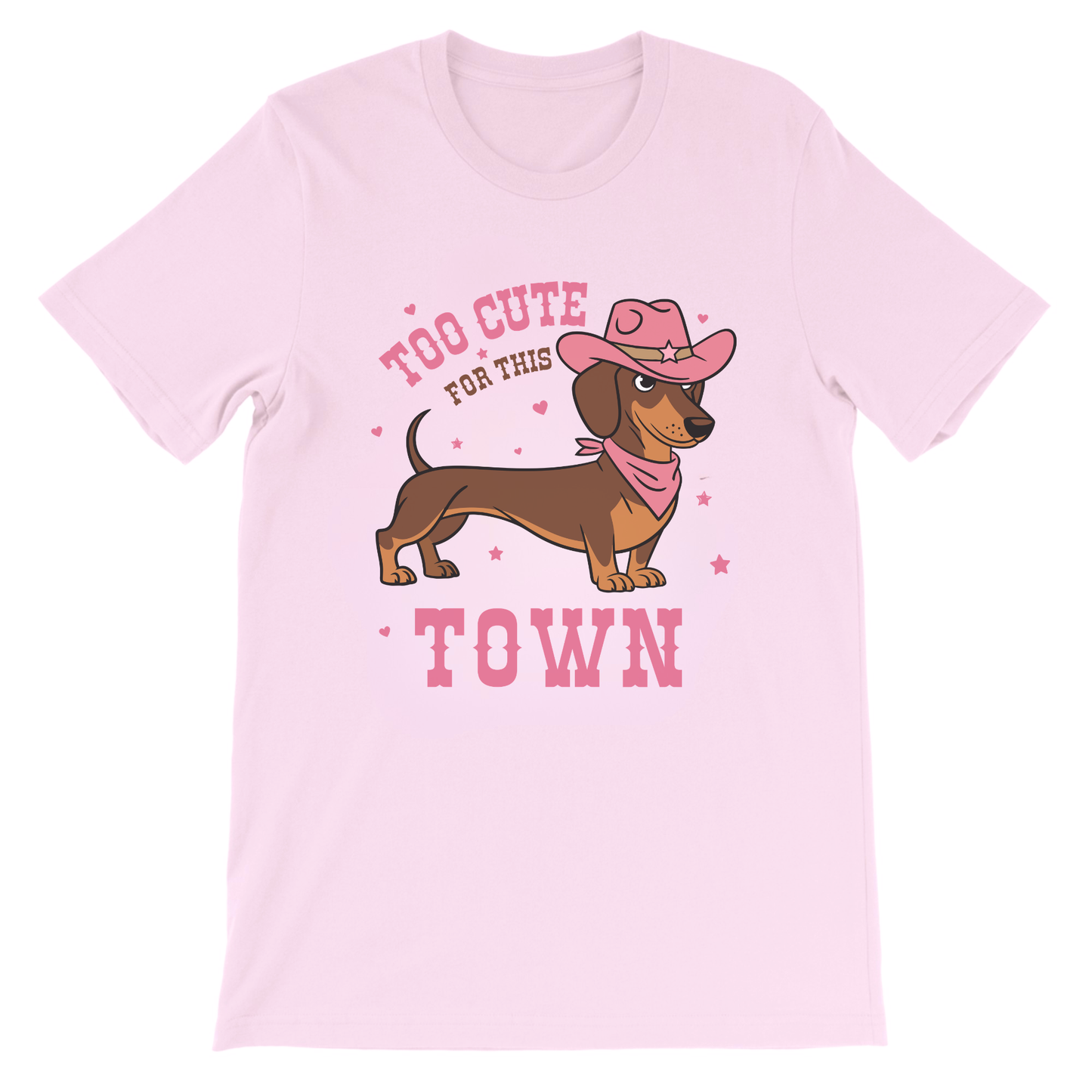 Girls light pink 'Too Cute For This Town' cowgirl dachshund T-shirt flat lay with western sausage dog graphic