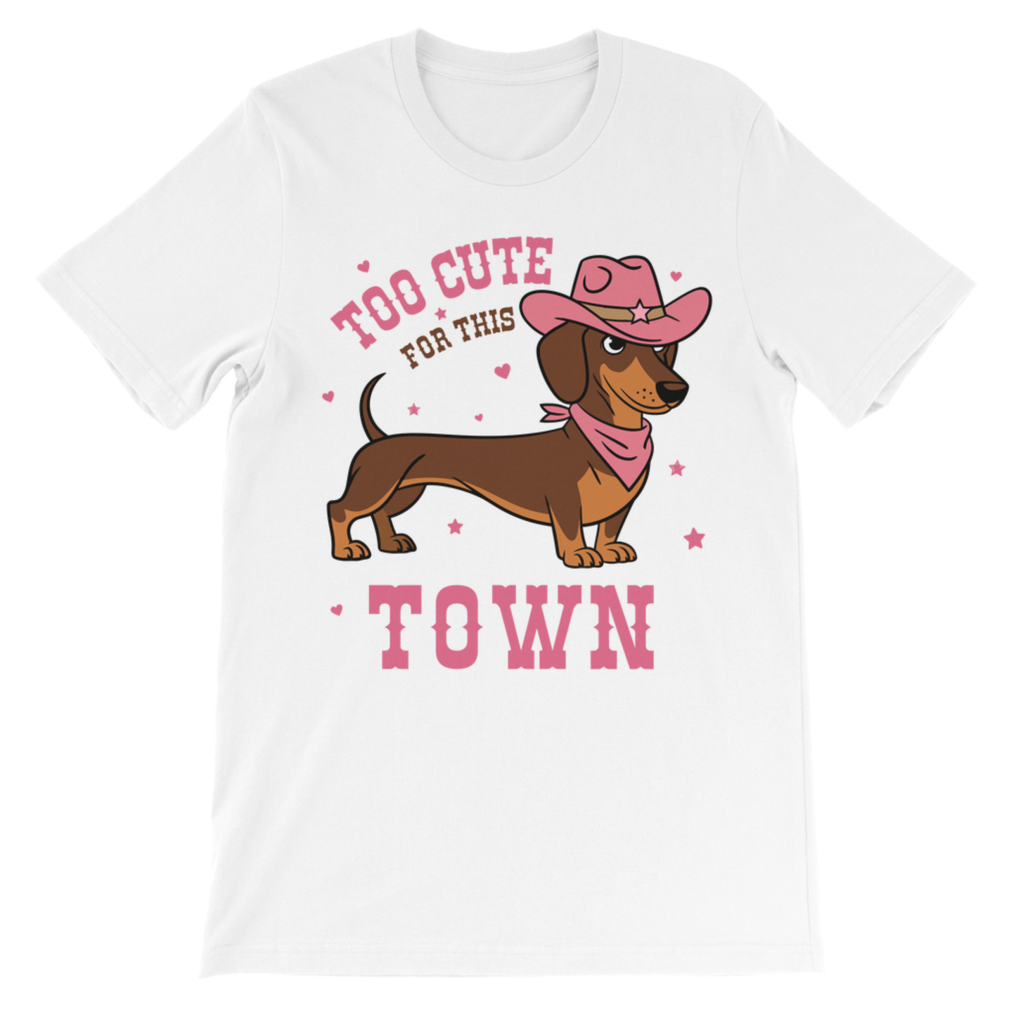 Girls white Too Cute For This Town cowgirl dachshund T-shirt flat lay with pink western sausage dog design