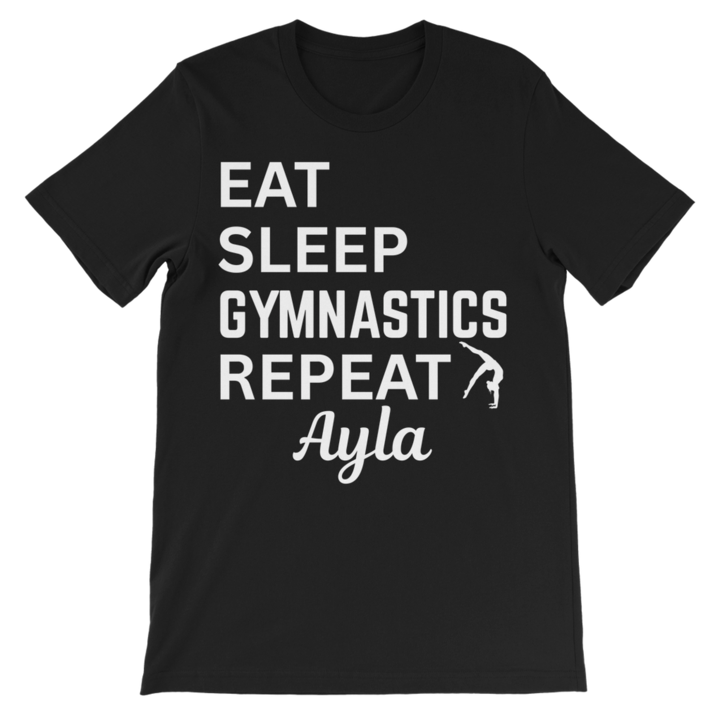 Personalised kids gymnastics t-shirt in black with “Eat Sleep Gymnastics Repeat” slogan and custom name Ayla