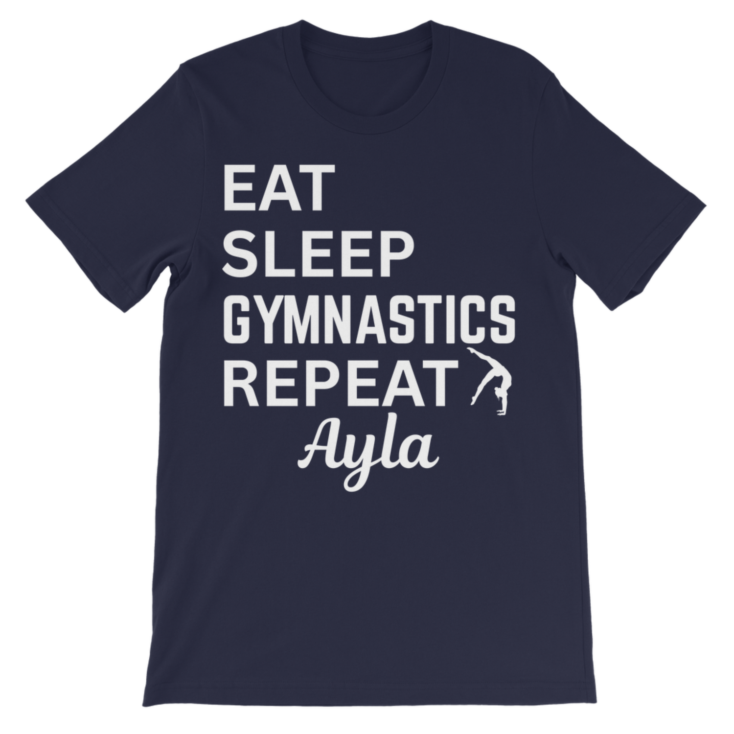 Personalised kids gymnastics t-shirt in navy with white “Eat Sleep Gymnastics Repeat” print and custom name Ayla