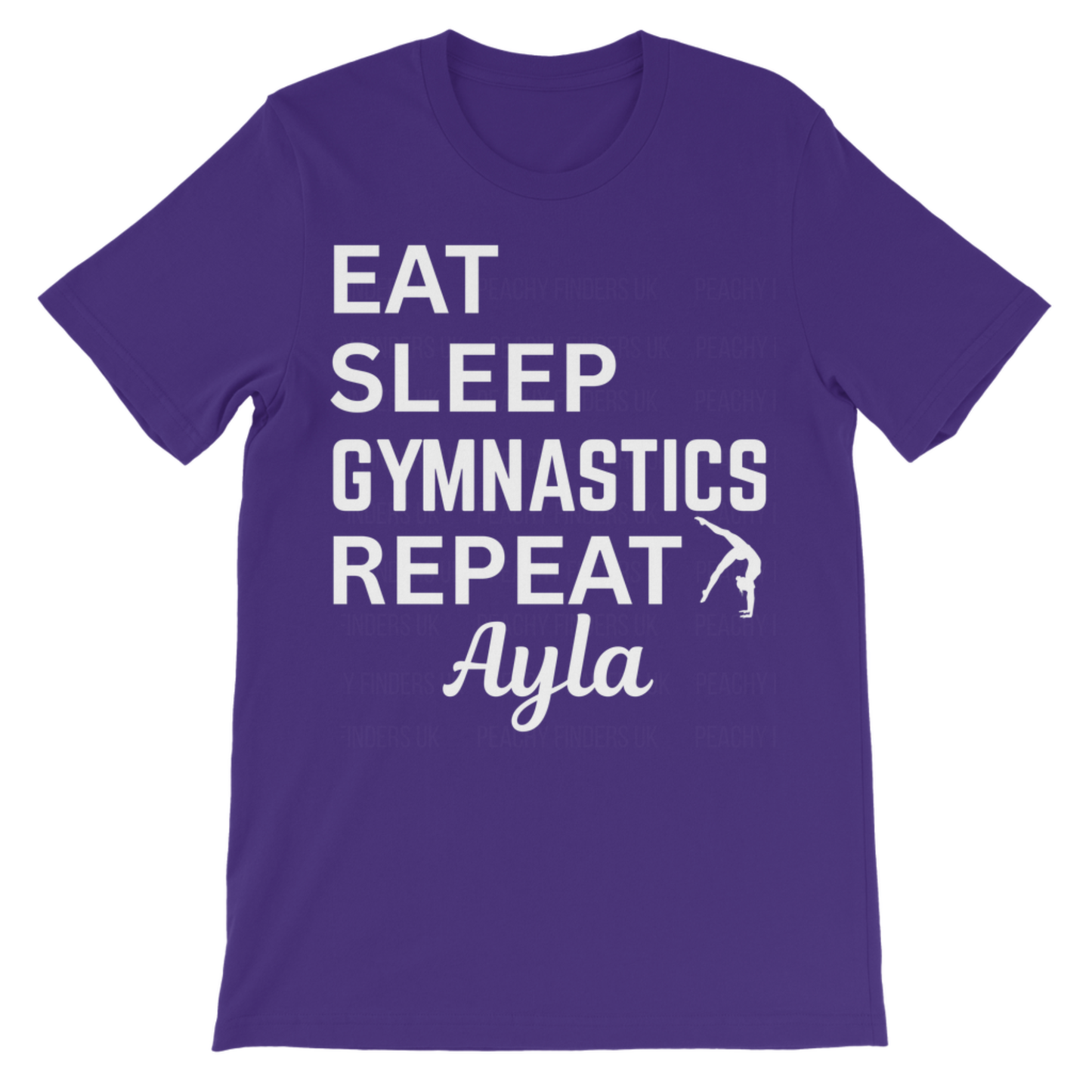 Personalised kids gymnastics t-shirt in purple with “Eat Sleep Gymnastics Repeat” slogan and custom name Ayla
