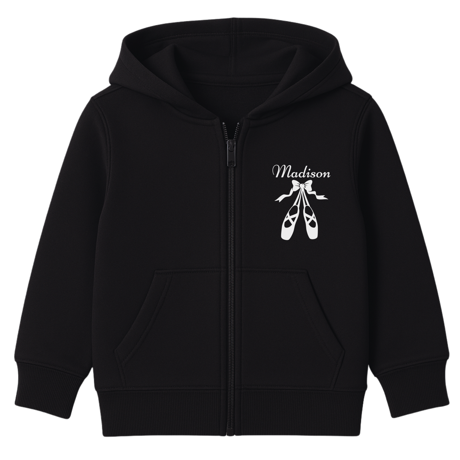 Girls black zip hoodie featuring a graphic print of white ballet shoes and ribbon design with a custom name printed on the left side of the chest