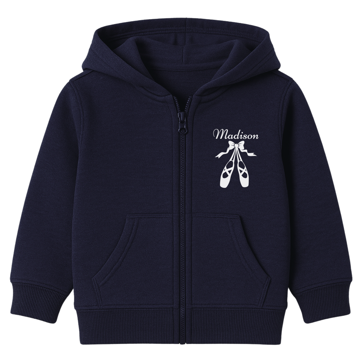 Girls navy zip hoodie featuring a graphic print of white ballet shoes and ribbon design with a custom name printed on the left side of the chest