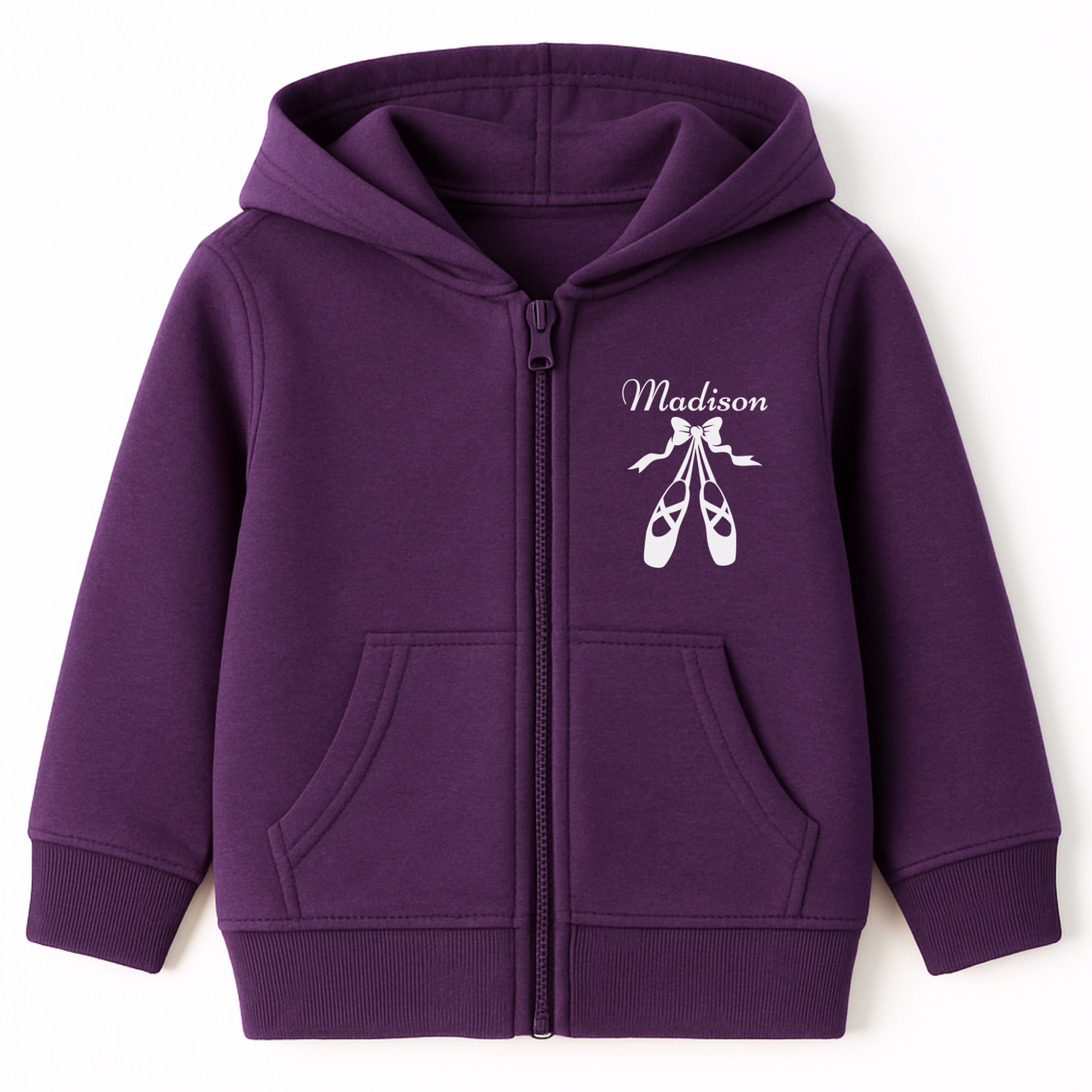 Girls purple zip hoodie featuring a graphic print of white ballet shoes and ribbon design with a custom name printed on the left side of the chest