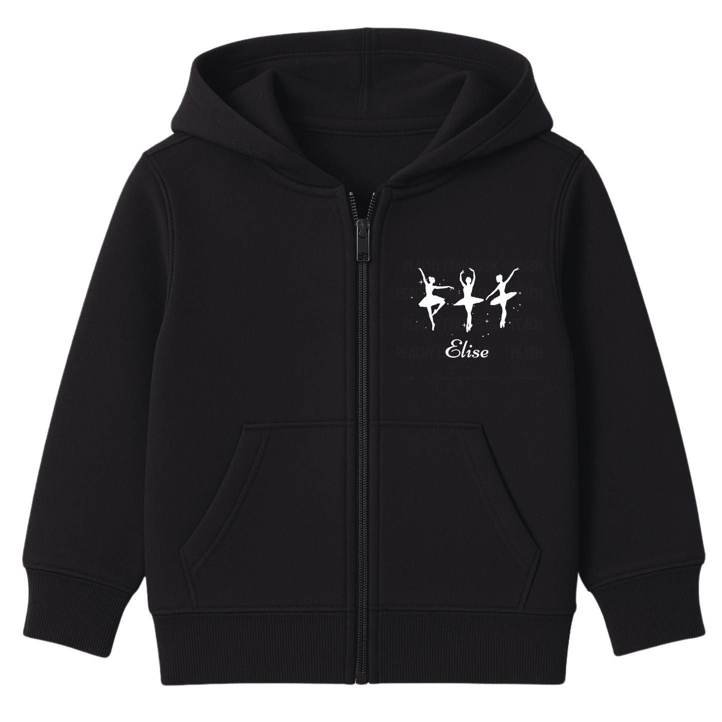 Girls black full zip hoodie featuring three white ballerina silhouettes and a personalised name print underneath on the front left-side chest