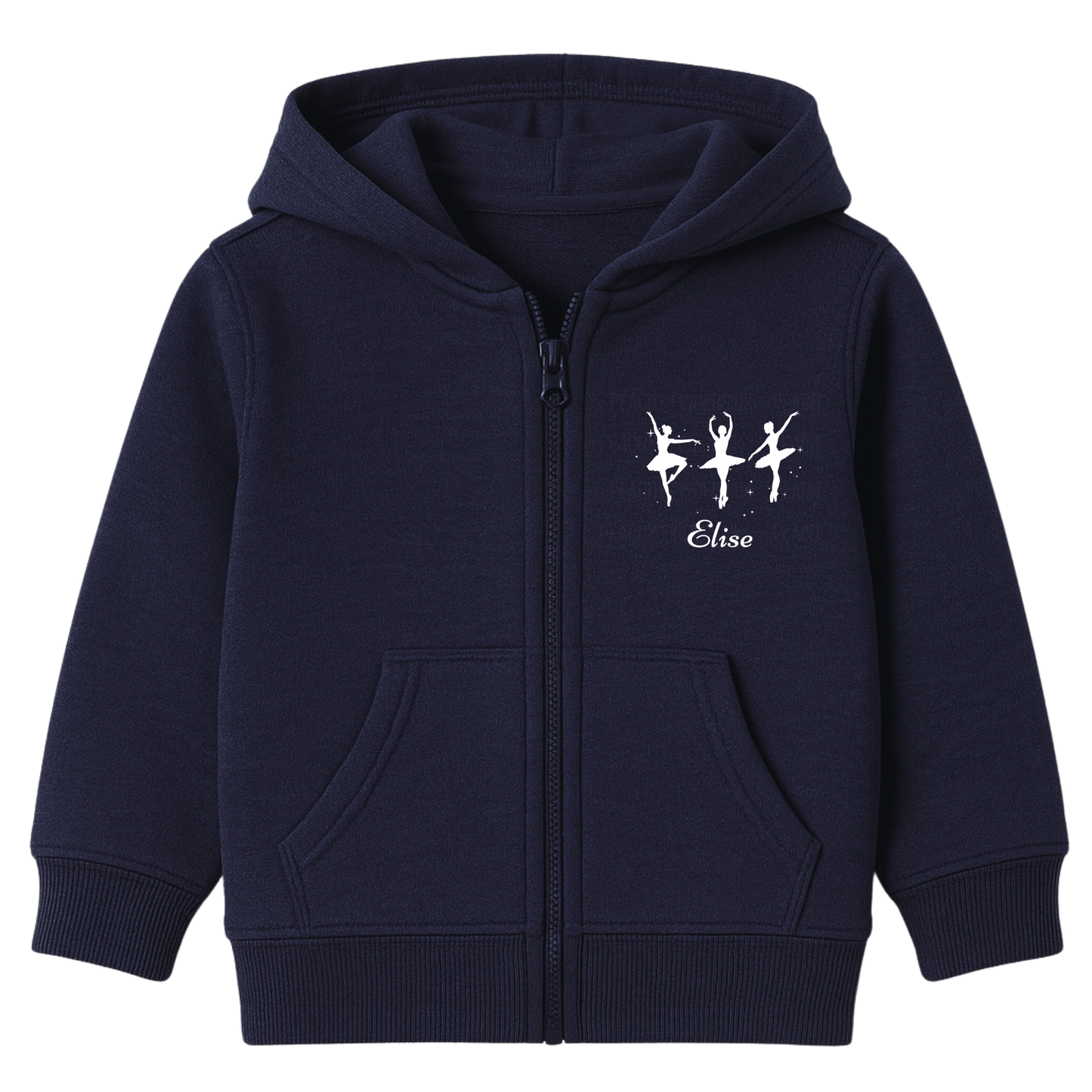Girls navy full zip hoodie featuring three white ballerina silhouettes and a personalised name print underneath on the front left-side chest
