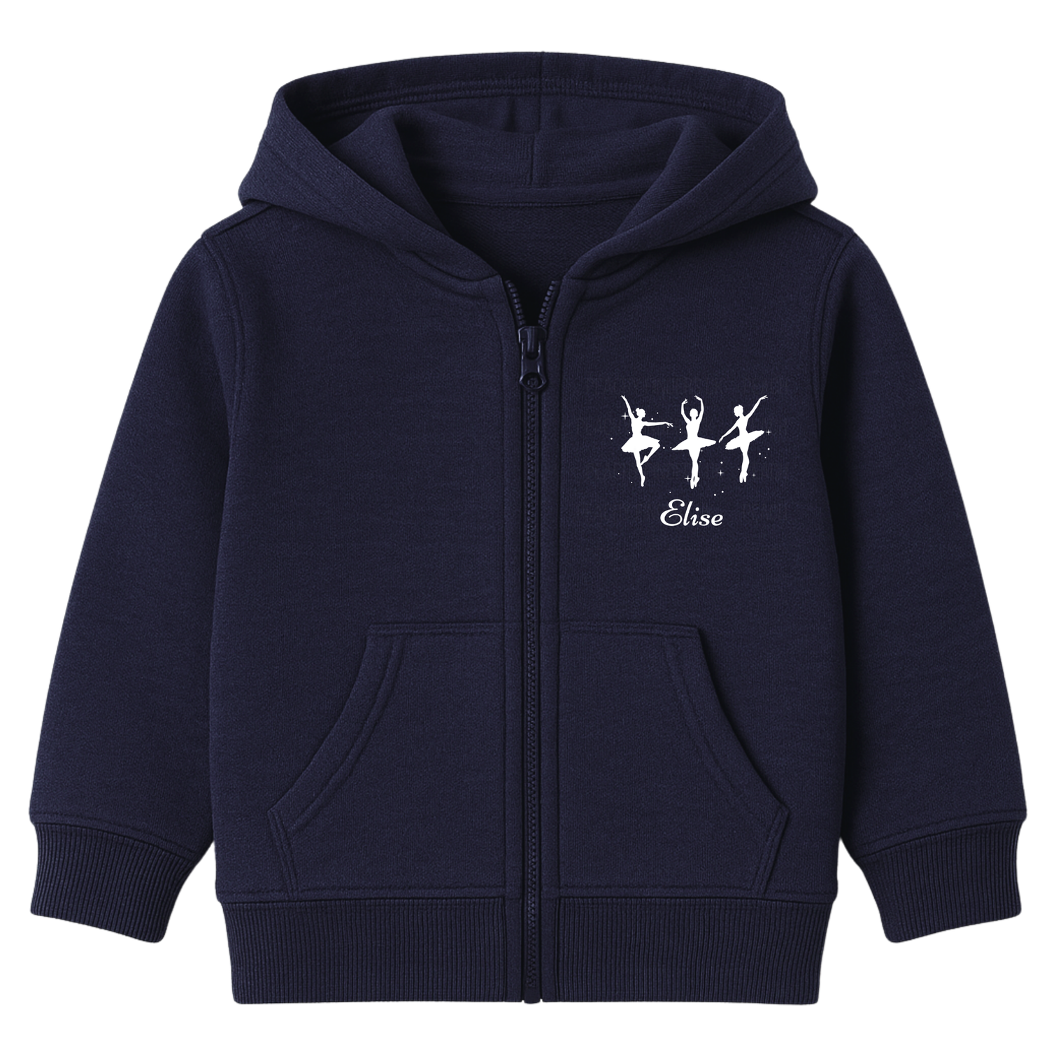 Girls navy full zip hoodie featuring three white ballerina silhouettes and a personalised name print underneath on the front left-side chest