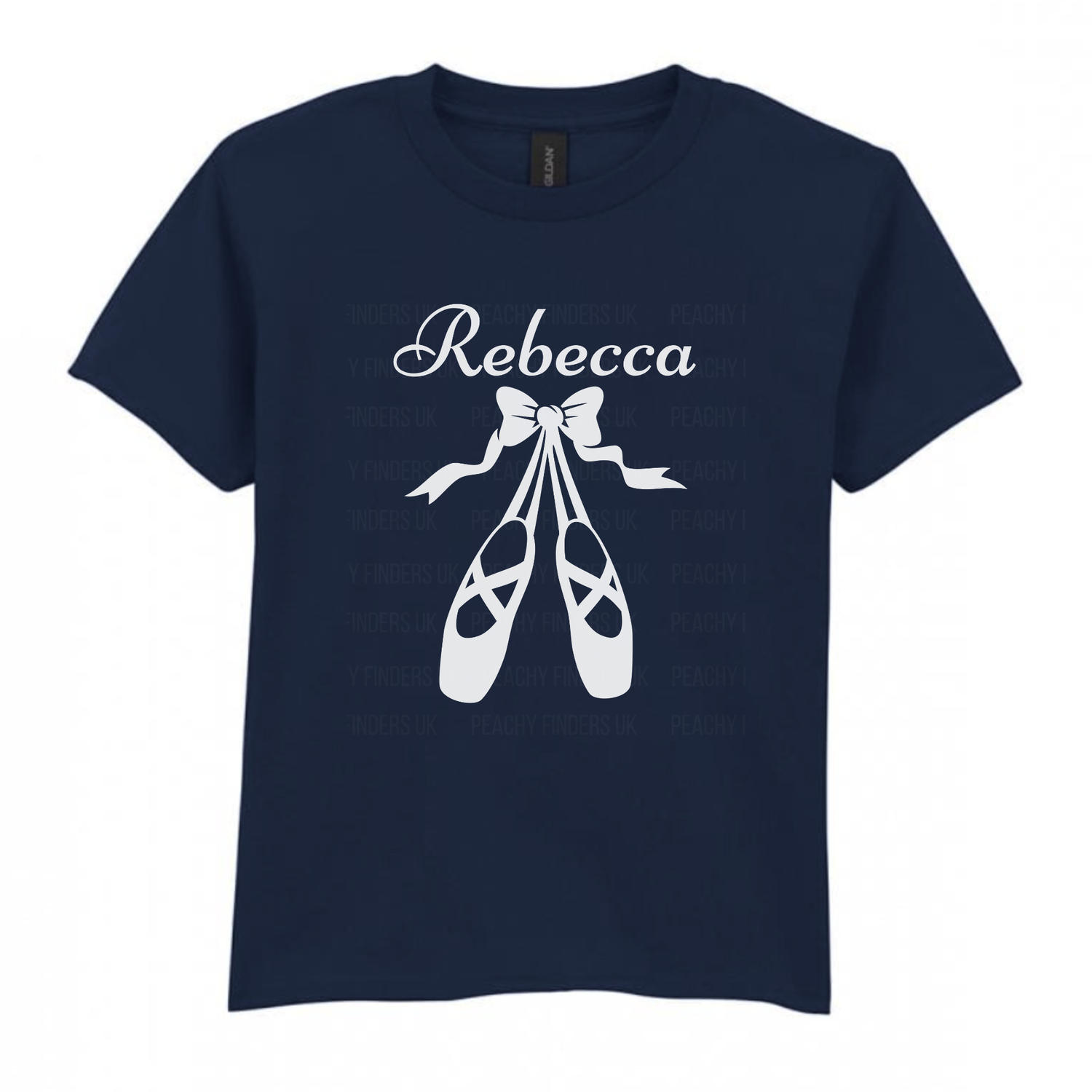 Girls navy cotton t-shirt featuring white ballet shoes and bow graphic with personalised name printed on the chest.