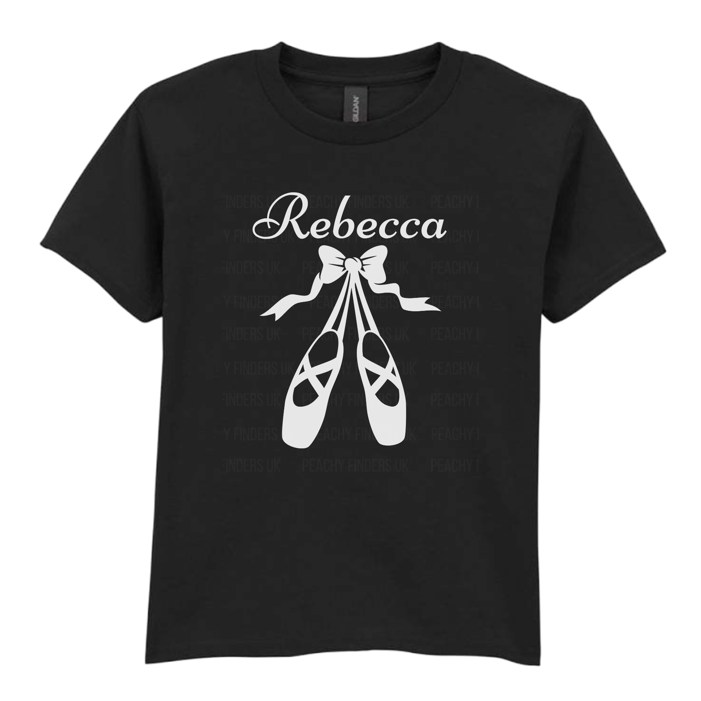 Girls black cotton t-shirt featuring white ballet shoes and bow graphic with personalised name printed on the chest.