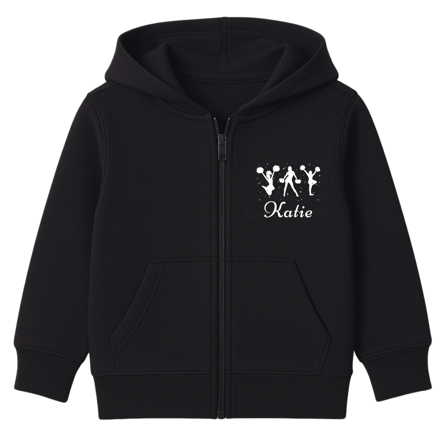 Girls black personalised cheerleader zip hoodie with white cheer silhouettes and custom name print.