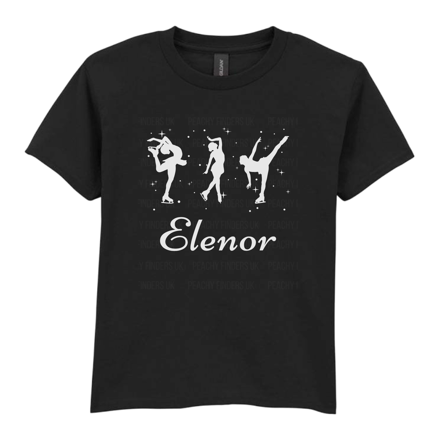 Girls black personalised ice skater t-shirt featuring three white figure skating silhouettes with stars and the name “Elenor” printed underneath.