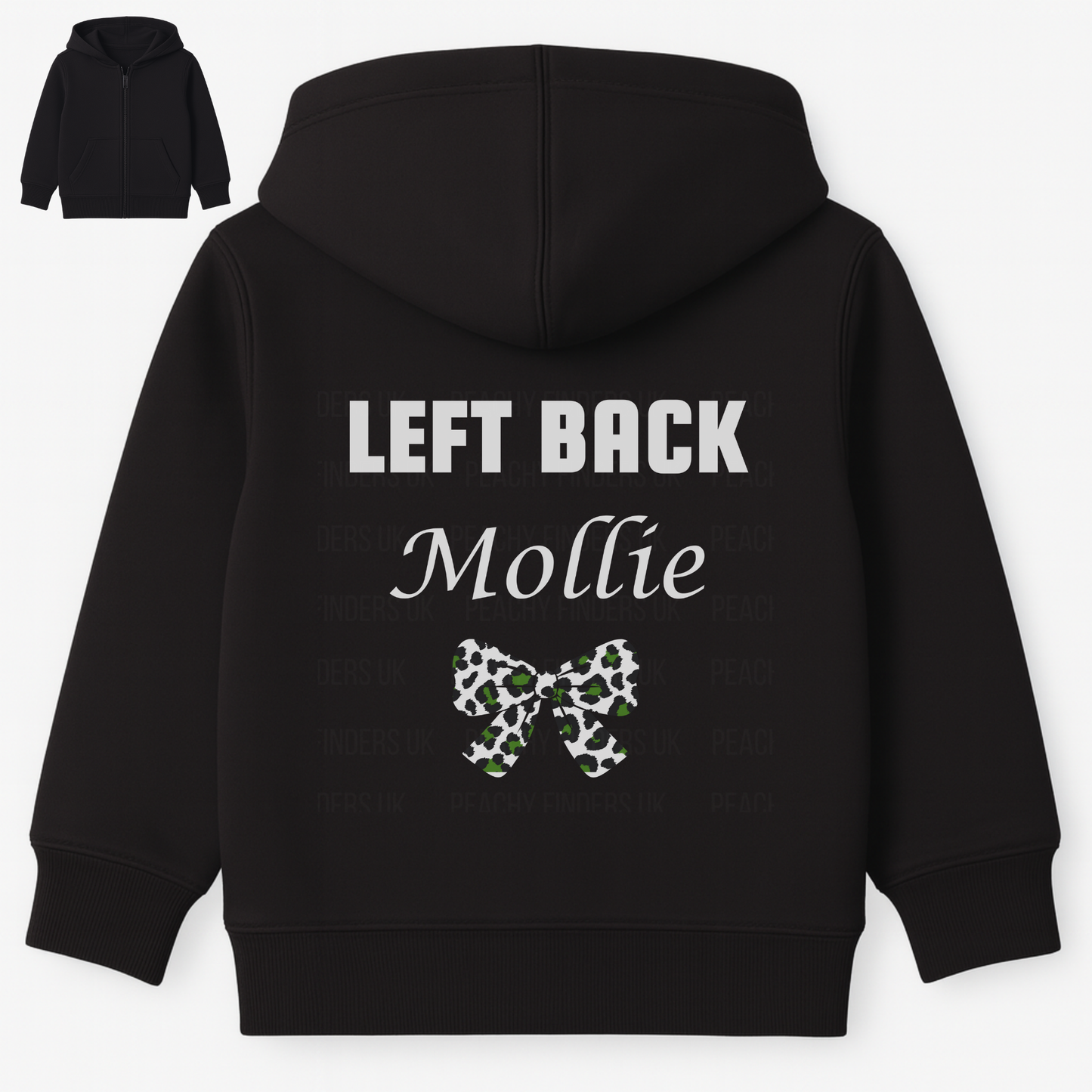 Back view of black girls football hoodie personalised with player position “Left Back” and name Mollie, featuring a green leopard bow