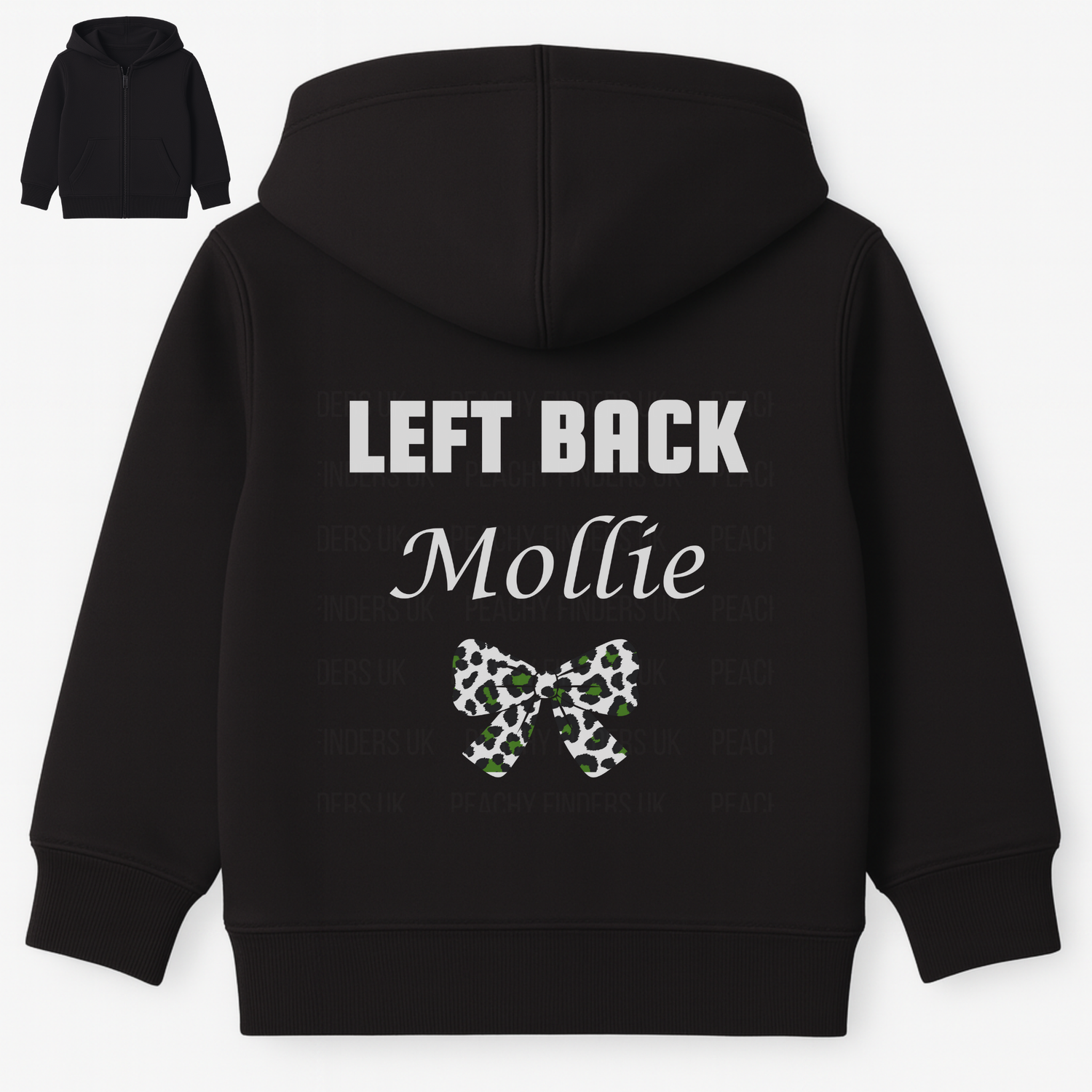 Back view of black girls football hoodie personalised with player position “Left Back” and name Mollie, featuring a green leopard bow