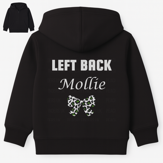 Back view of black girls football hoodie personalised with player position “Left Back” and name Mollie, featuring a green leopard bow