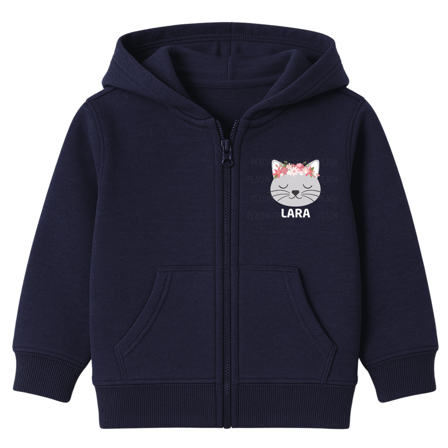 Girls navy personalised floral cat zip hoodie with custom name printed below a peaceful grey cat face wearing a pink and white flower crown