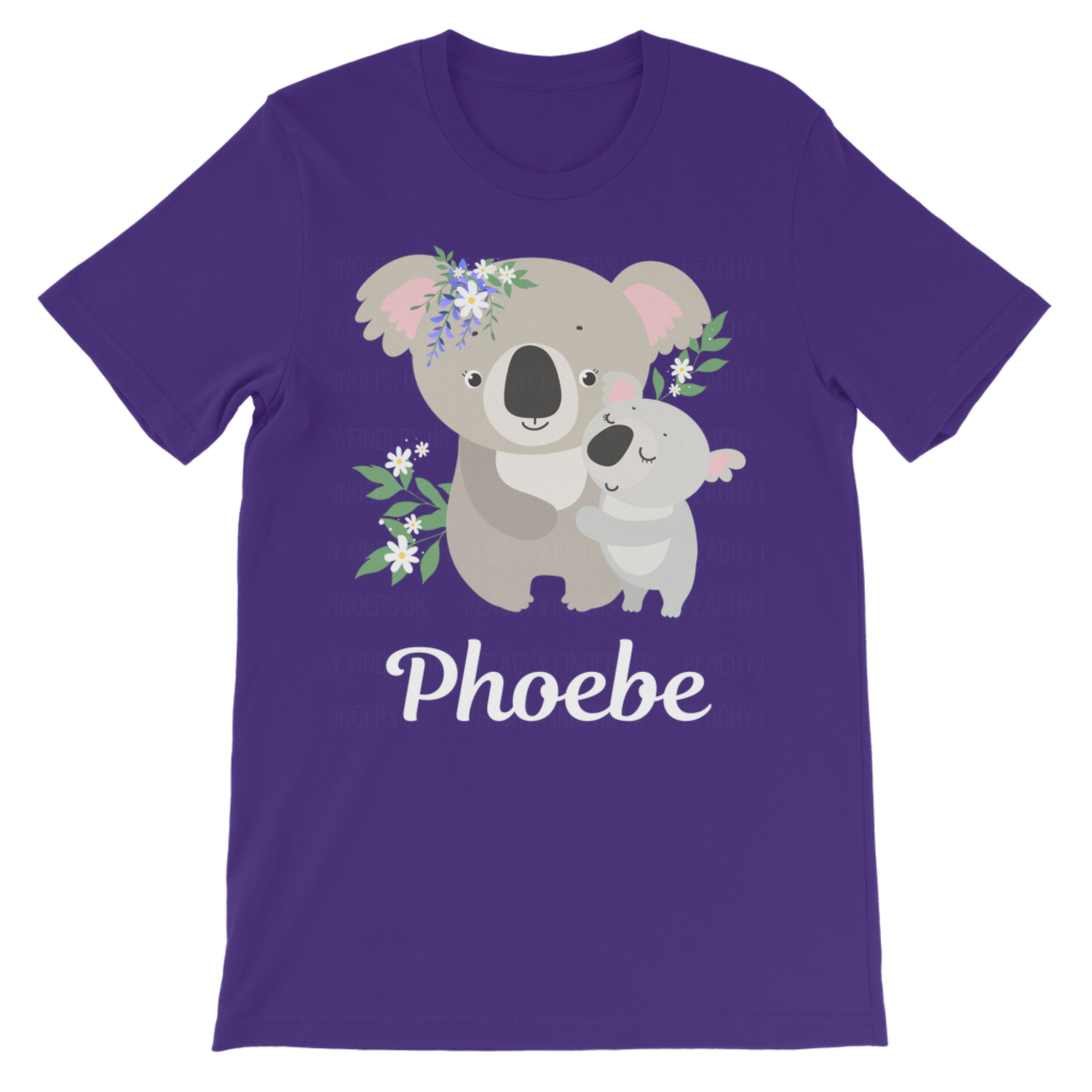 Girls purple personalised kids t-shirt with a cute koala and baby koala design and the name “Phoebe” printed underneath.
