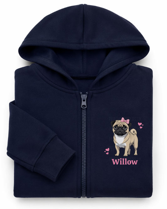Personalised girls navy zip hoodie featuring cute pug dog graphic with pink bow and custom name printed on the chest.
