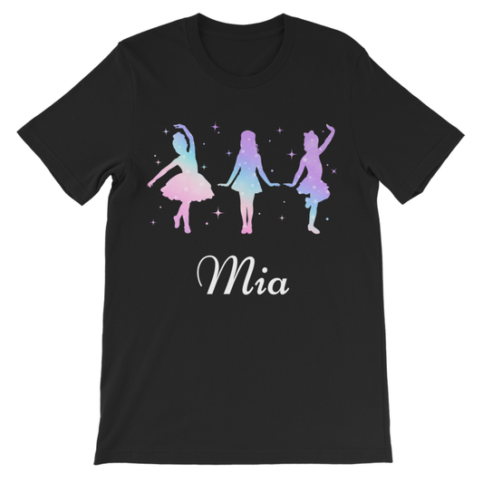 Kids black t-shirt with pastel ombre ballerina, tap and jazz dancer design and 'Mia' text underneath graphic