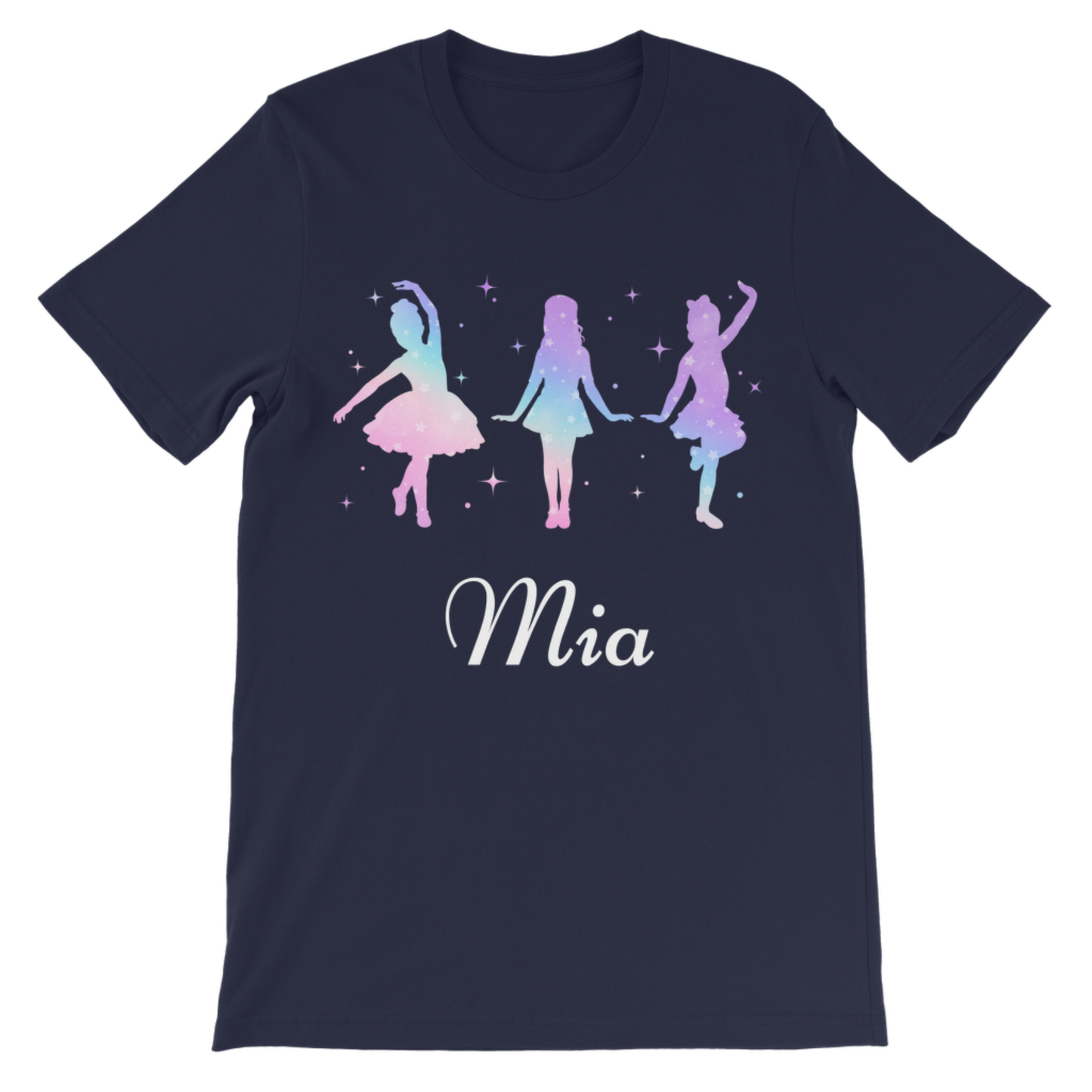 Girls navy t-shirt with pastel ombre ballerina, tap and jazz dancer design and personalised ‘Mia’ text underneath graphic.