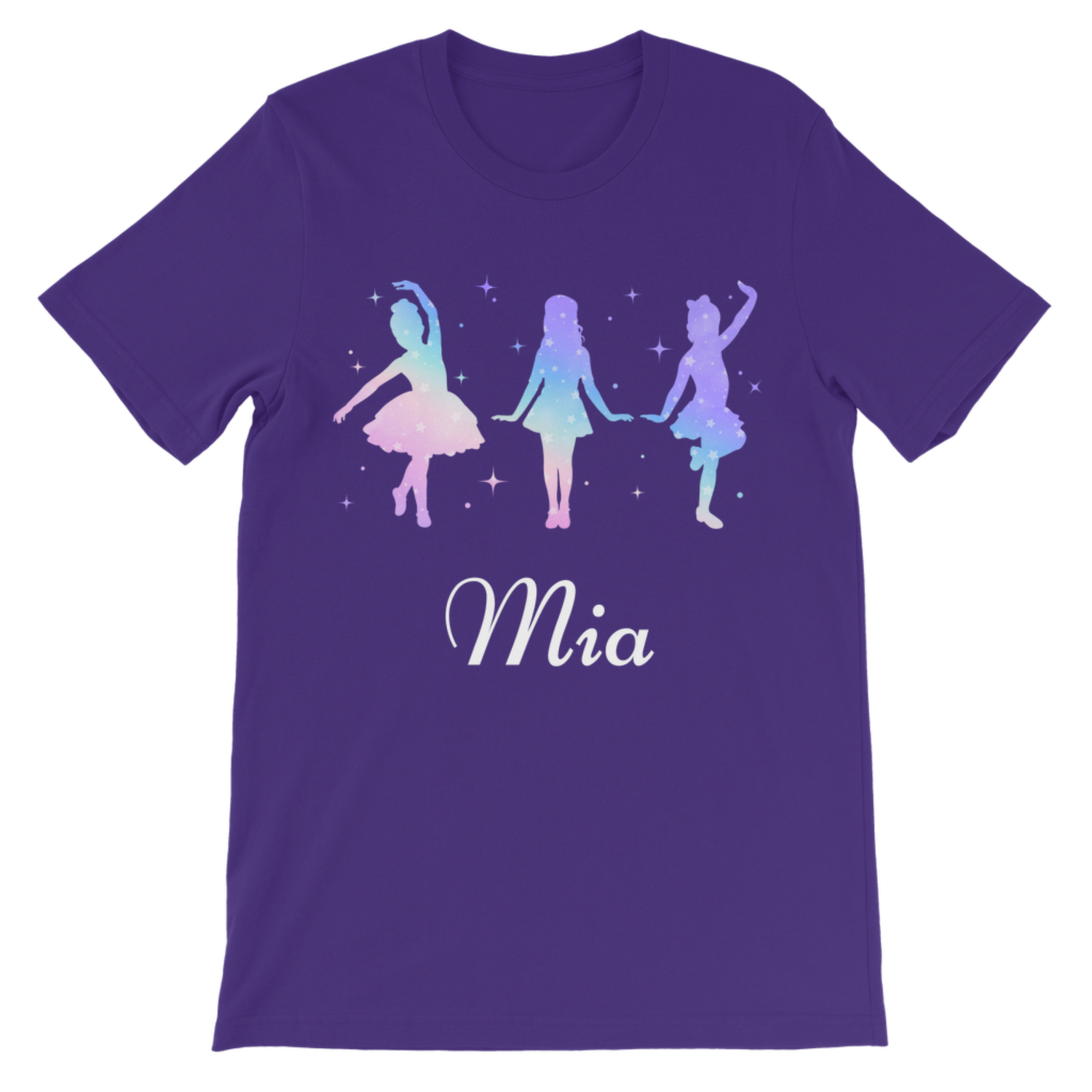 Personalised girls purple dance t-shirt featuring pastel ballet, tap and jazz dancer silhouettes with custom name printed below.