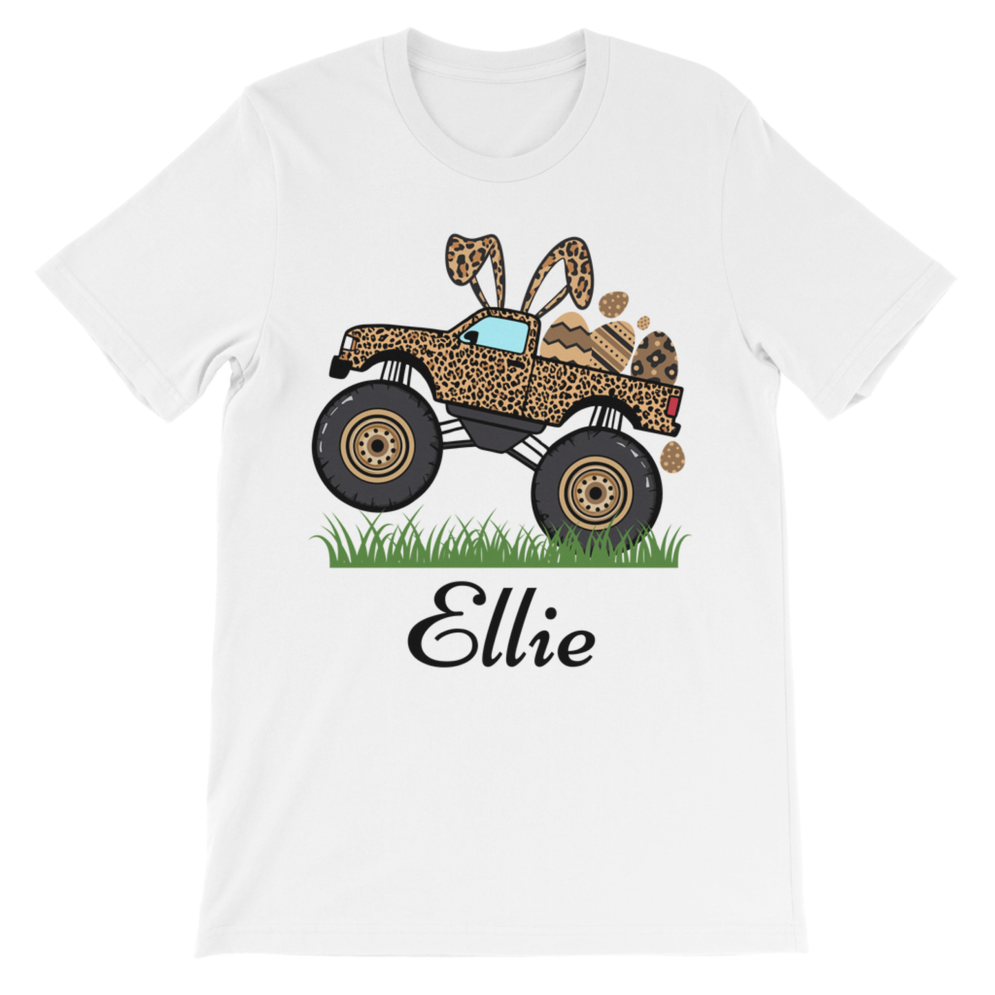 Girls Personalised Easter Leopard Print Monster Truck T-Shirt (3-13 yrs)