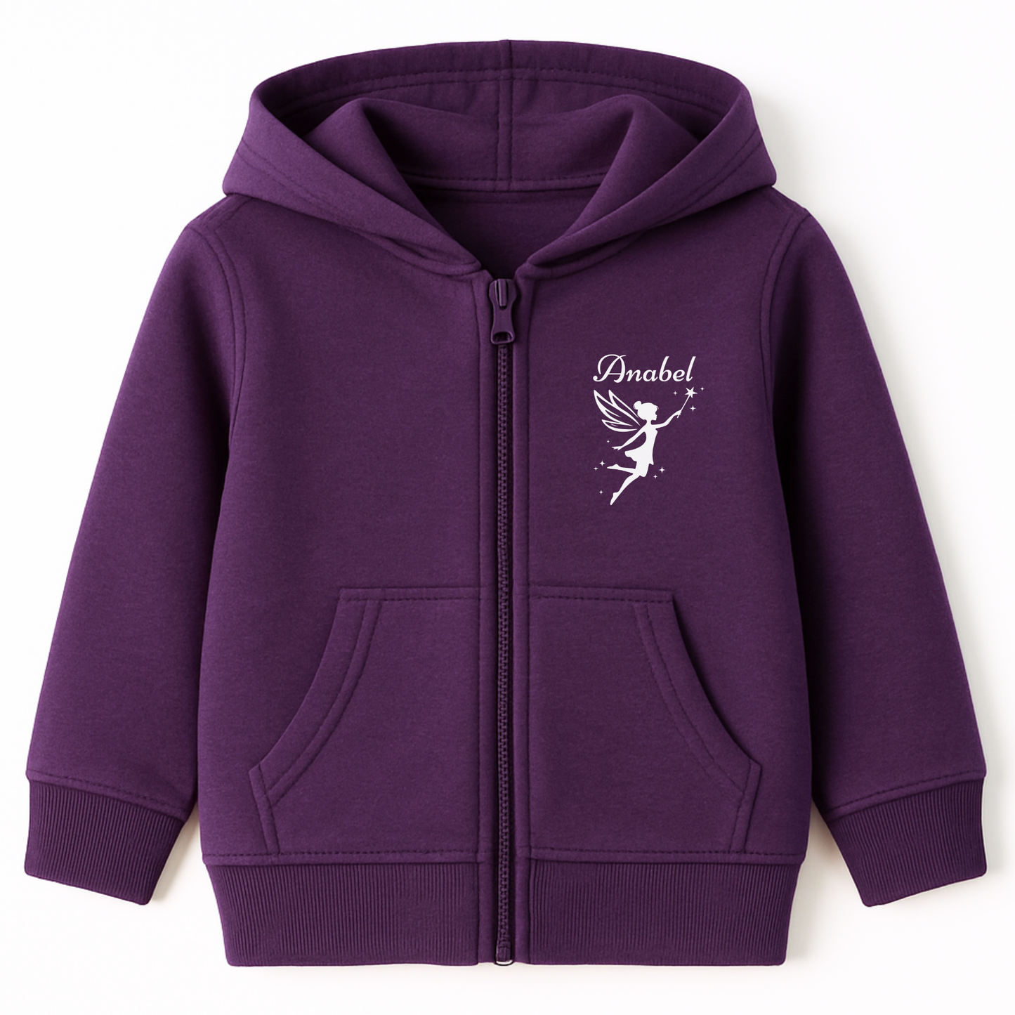Girls purple zip hoodie with a fairy design and custom name 'Anabel' text on a white background
