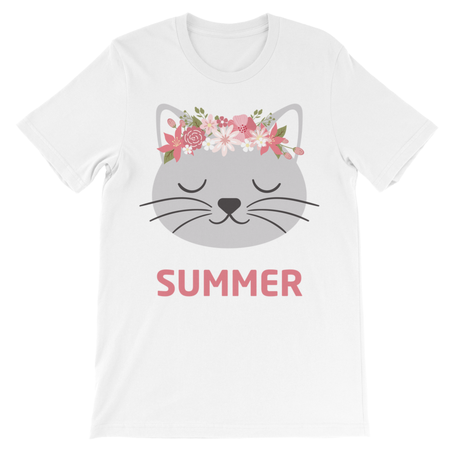 Girls white short sleeved t-shirt with a grey cat face and floral crown and custom name 'Summer' printed underneath