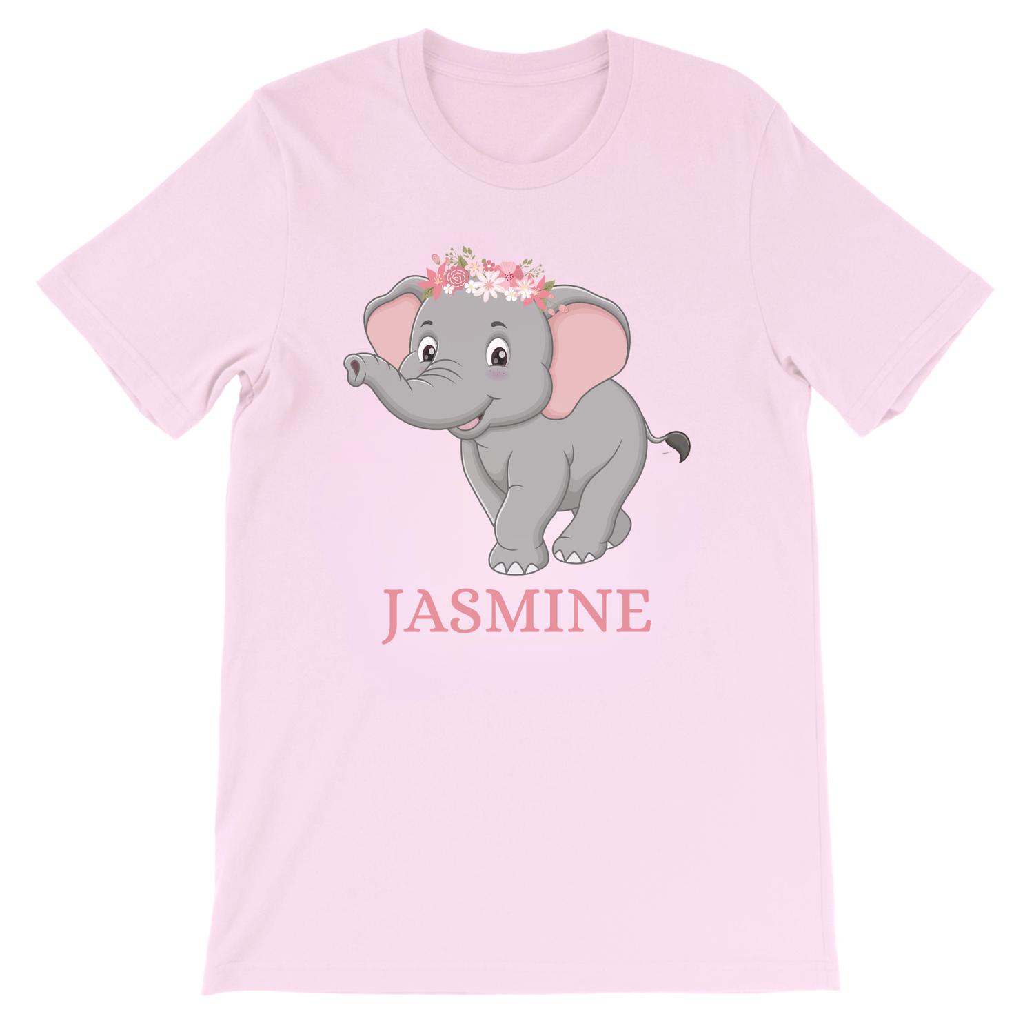 Girls personalised floral elephant t-shirt in light pink with custom name “Jasmine”, cute elephant graphic with flower crown.
