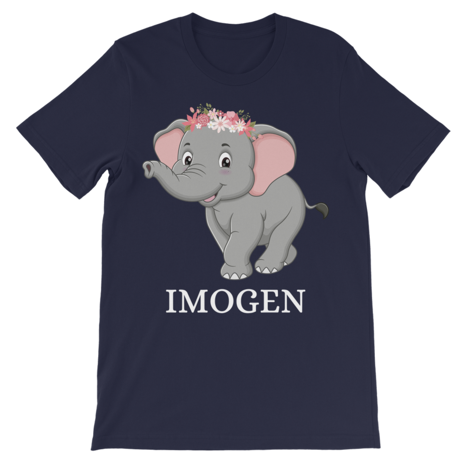 Girls custom name elephant t-shirt in navy with floral crown elephant design and name “Imogen” printed underneath.