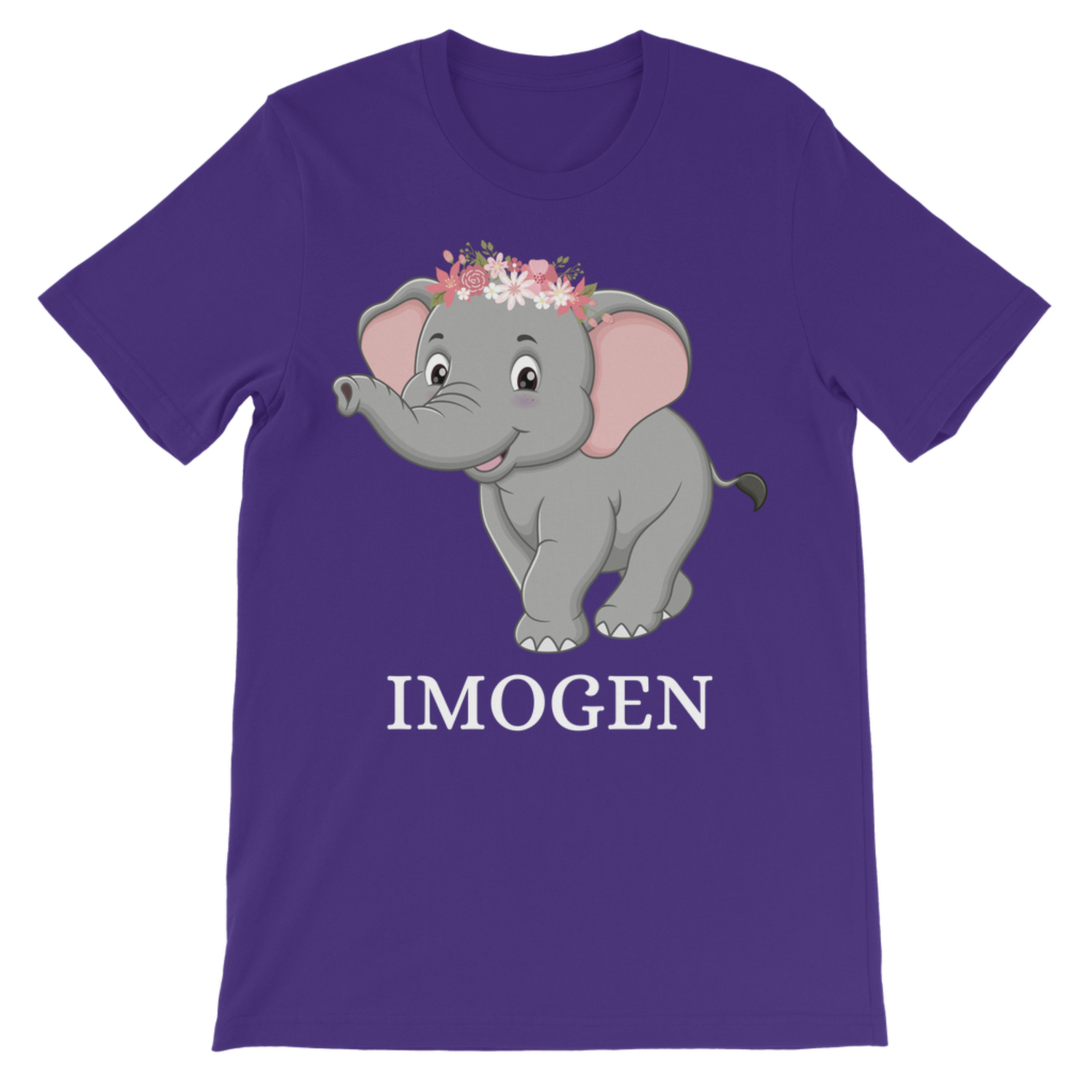 Purple girls personalised elephant t-shirt featuring floral elephant graphic and custom name “Imogen”.