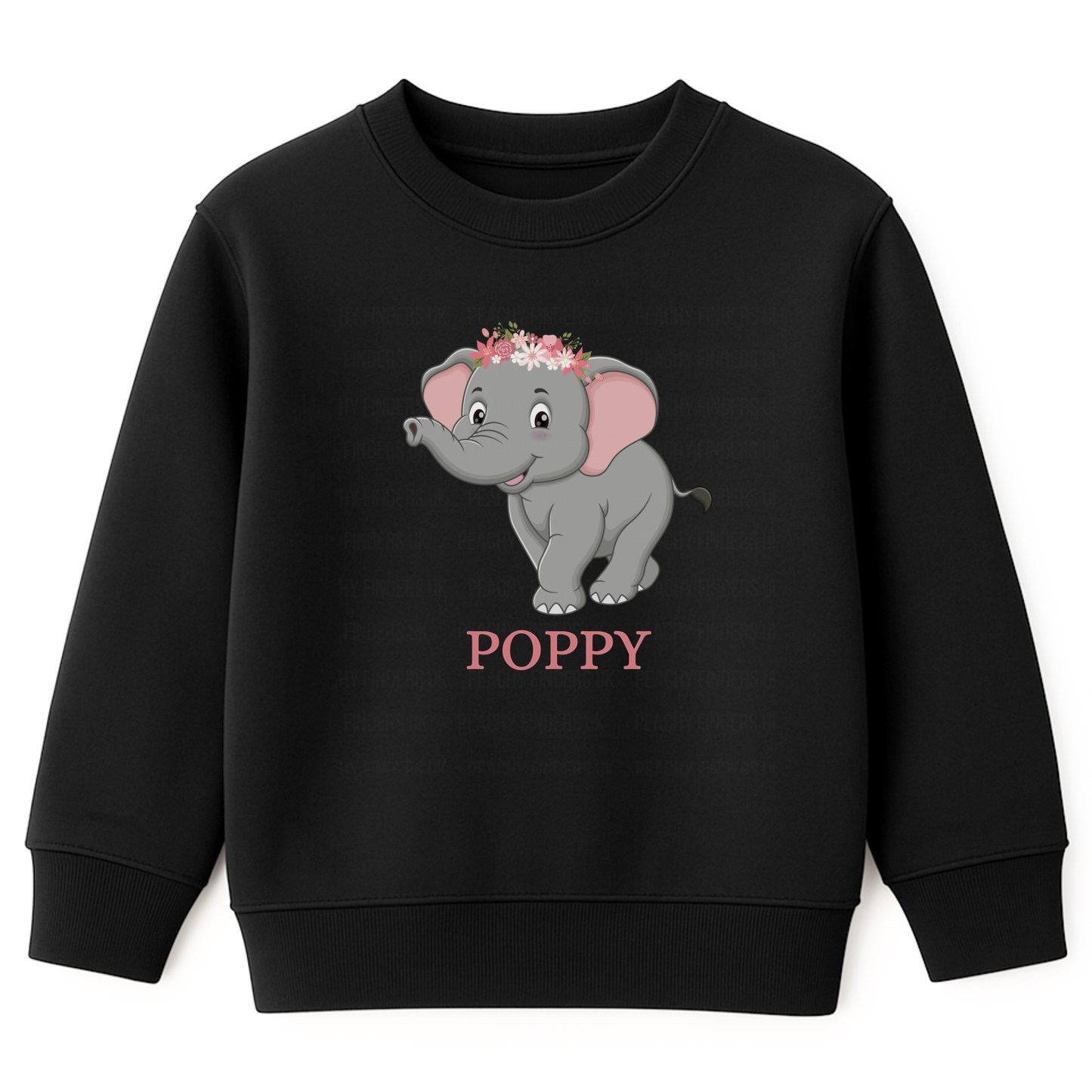 Girls black sweatshirt featuring a cute grey elephant with a flower crown and personalised name printed underneath. Suitable for kids.