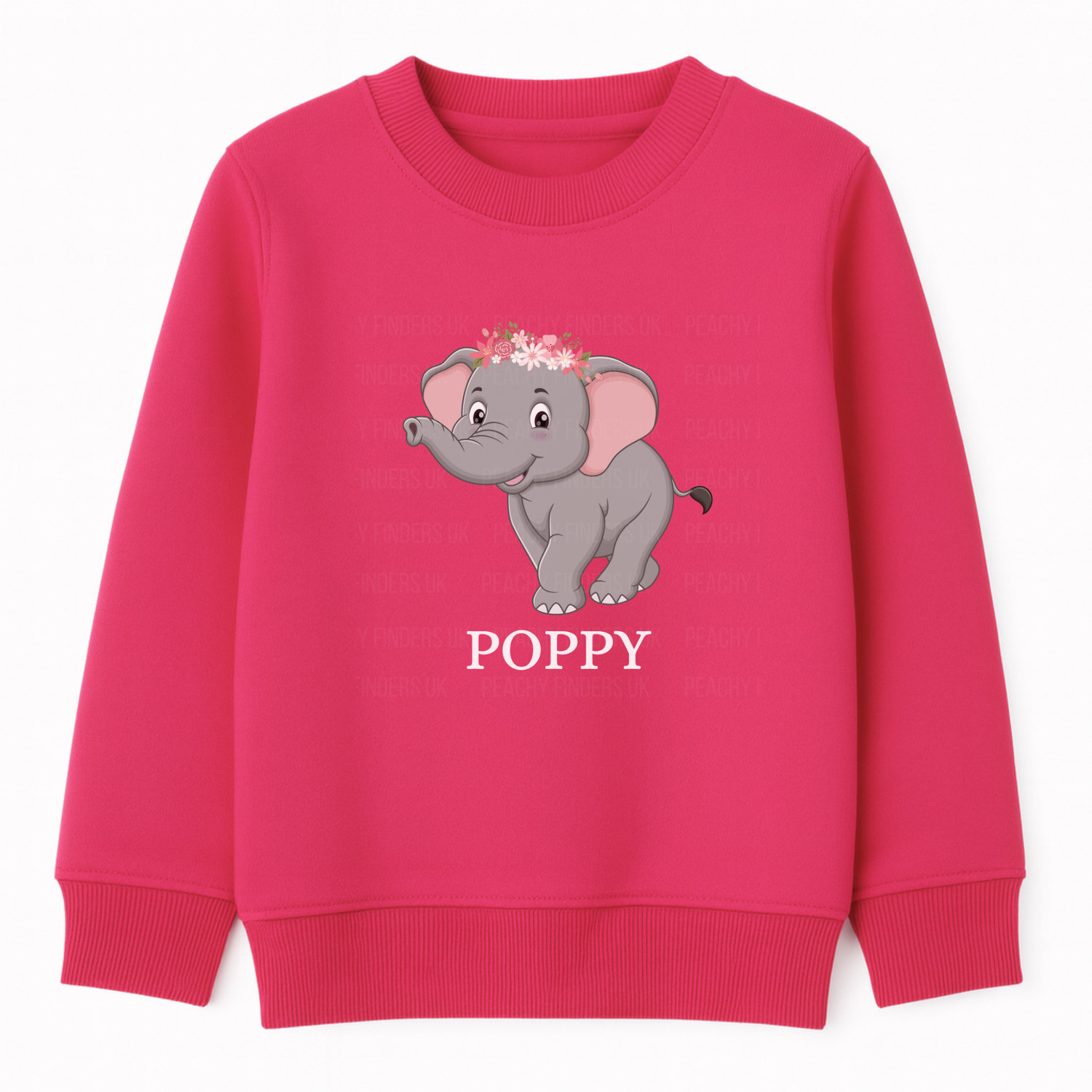 Girls hot pink sweatshirt featuring a cute grey elephant with a flower crown and personalised name printed underneath. Suitable for kids.