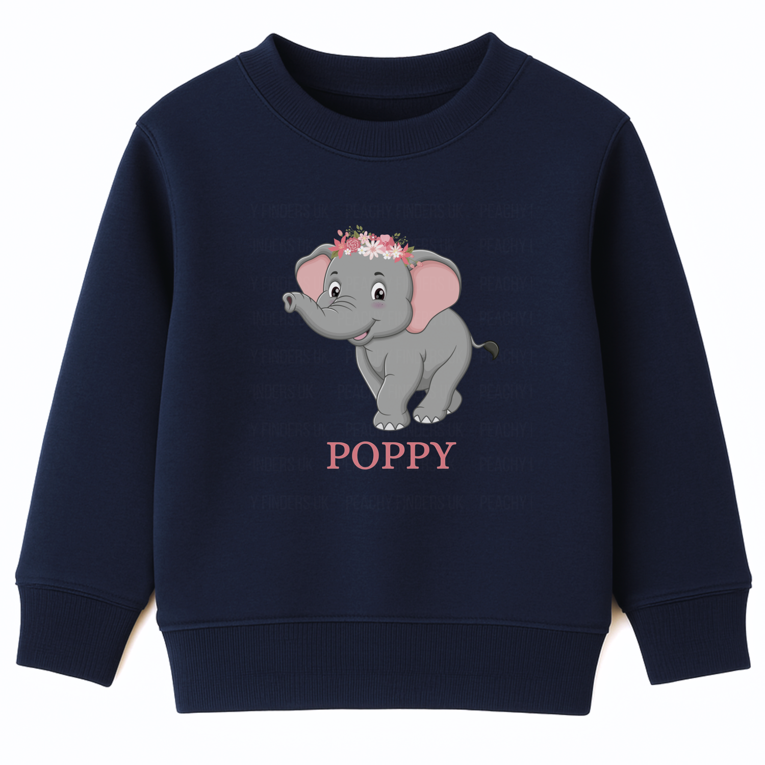 Girls navy sweatshirt featuring a cute grey elephant with a flower crown and personalised name printed underneath. 