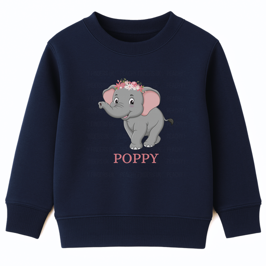 Girls navy sweatshirt featuring a cute grey elephant with a flower crown and personalised name printed underneath.