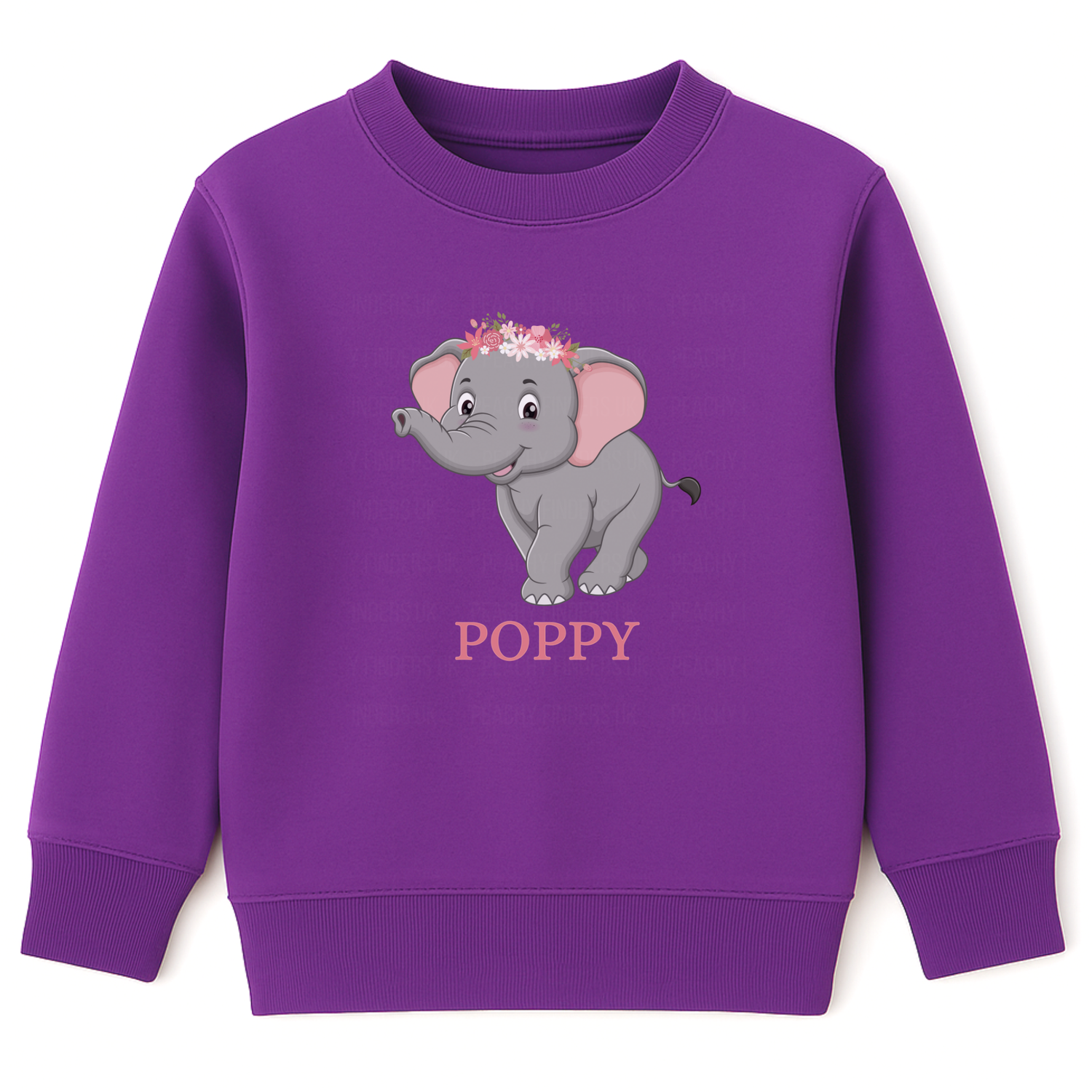 Girls purple sweatshirt featuring a cute grey elephant with a flower crown and personalised name printed underneath. Suitable for kids.