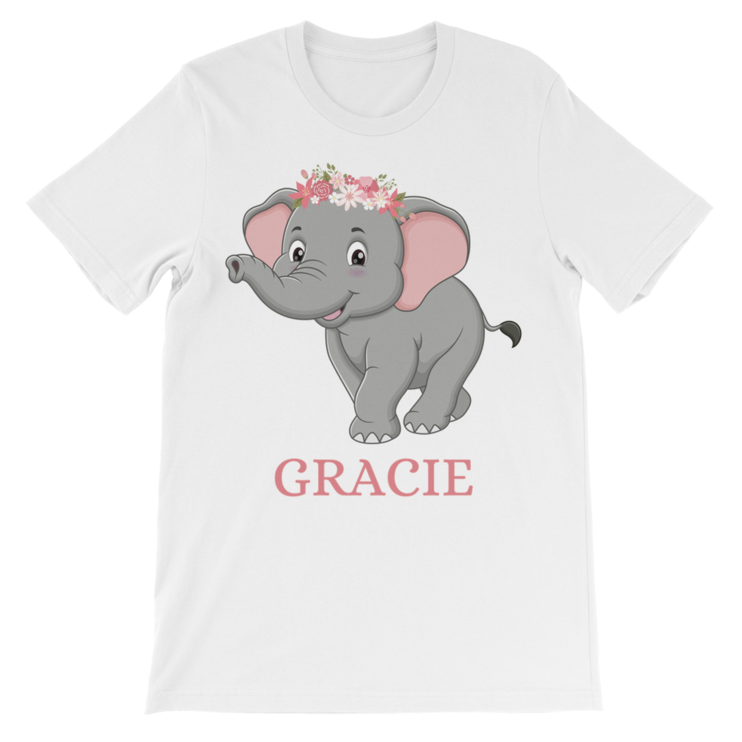 White personalised girls elephant t-shirt with flower crown elephant design and custom name “Gracie”.