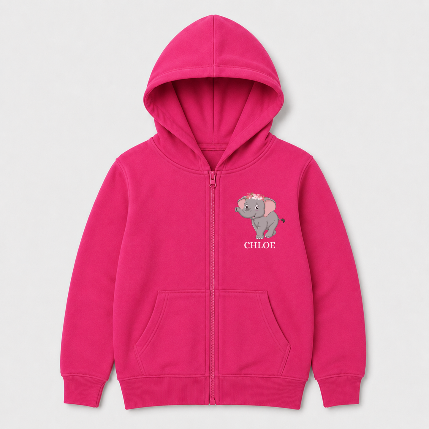 Girls Personalised Elephant Zip Hoodie – Floral Elephant with Name